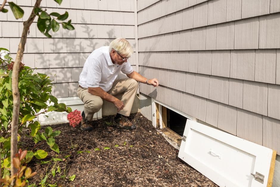 An on-site inspection at a home’s crawl-space access